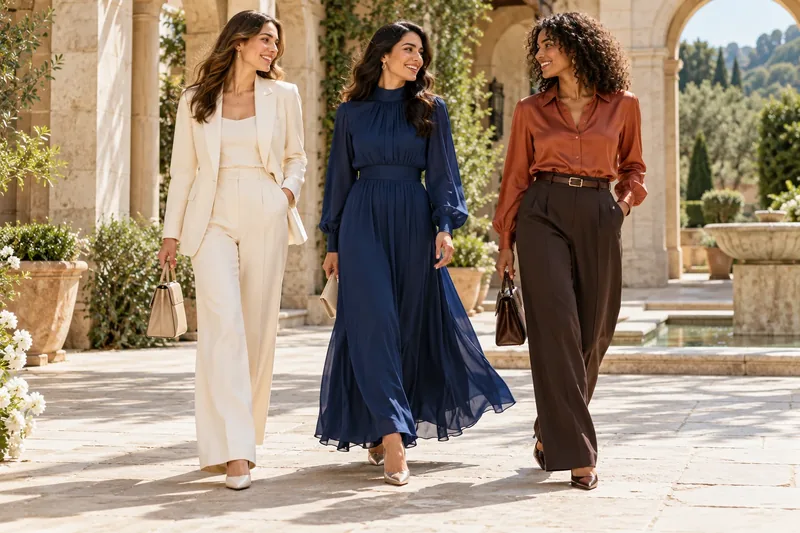 Three women wearing a trouser suit, flowing dress and silk blouse