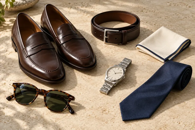 Brown loafers, leather belt, watch, navy tie, pocket square and sunglasses arranged on stone