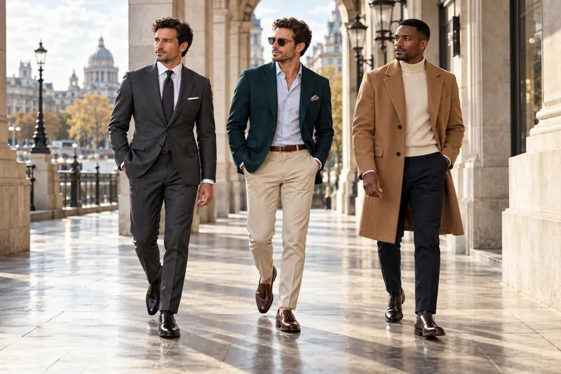 Three men wearing tailored formal and smart casual outfits