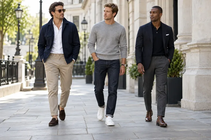 Three smart casual outfits with jackets, trousers and knitwear