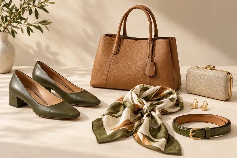 Low-heeled shoes, everyday bag, evening clutch, scarf, earrings and belt arranged together