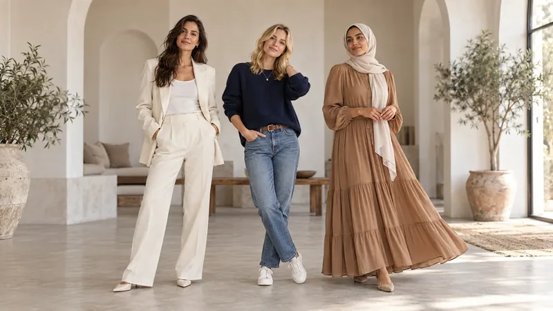 Three women styling a tailored outfit, a casual denim look and a modest dress